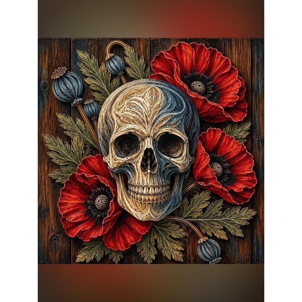 8x8 Black Framed Skull & Red Poppy Wall Art Print